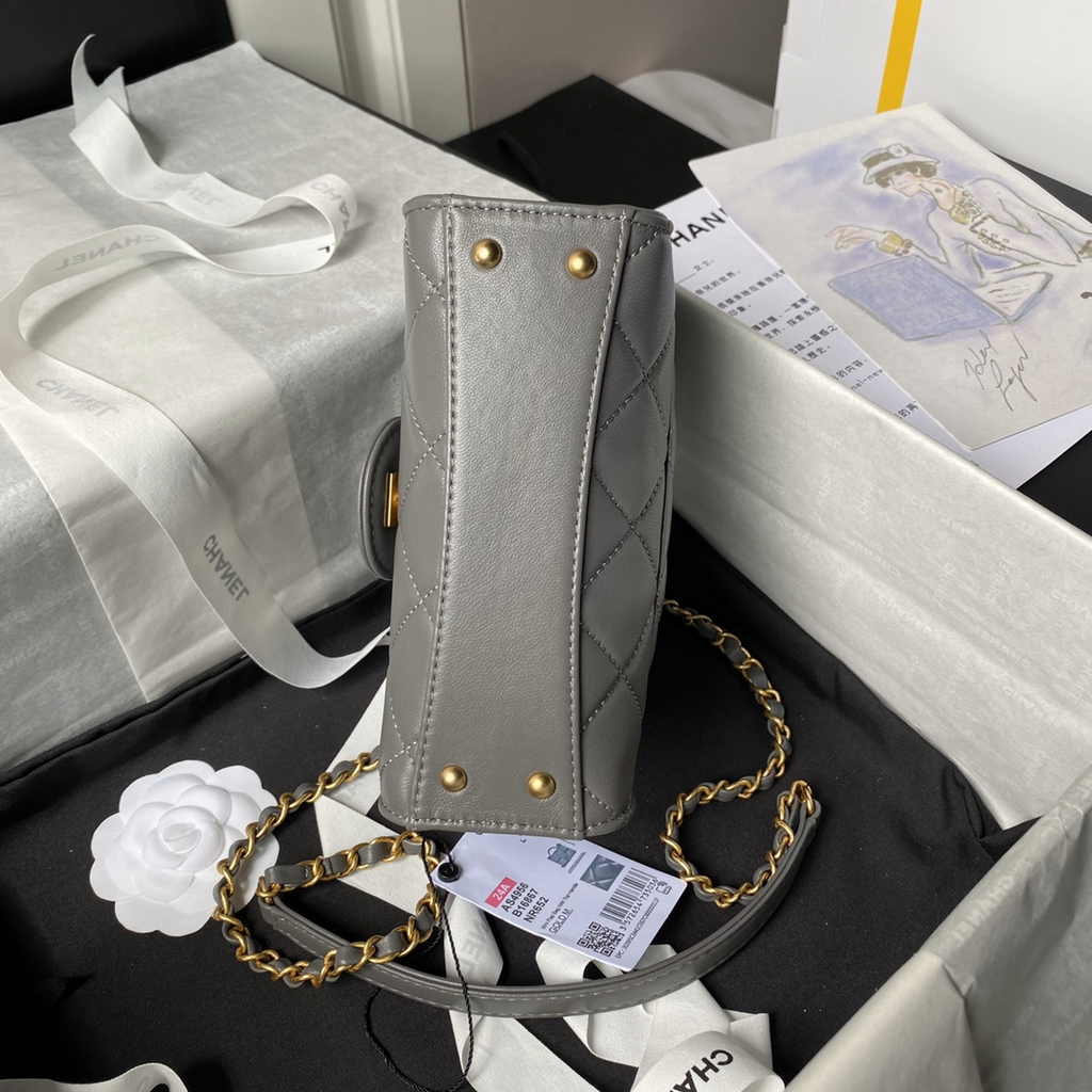 Chanel mini flap bag with top handle, AS4956 gray Lambskin
