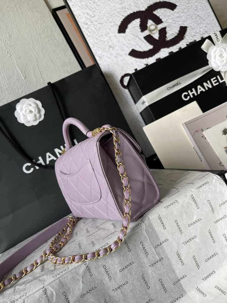Chanel mini flap bag with top handle, AS4956 purple calfskin