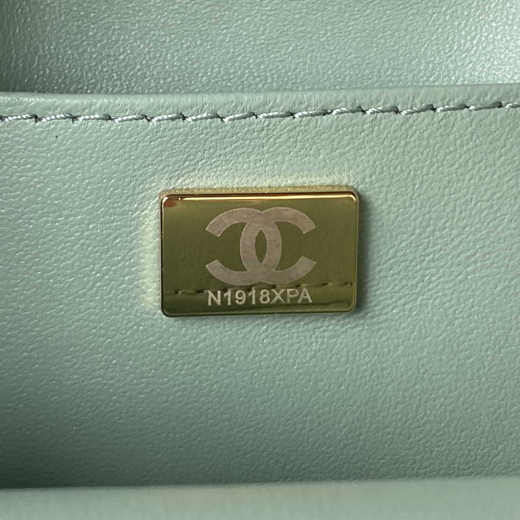 Chanel Mini flap bag with top handle Light Blue Tweed Lambskin AS4035