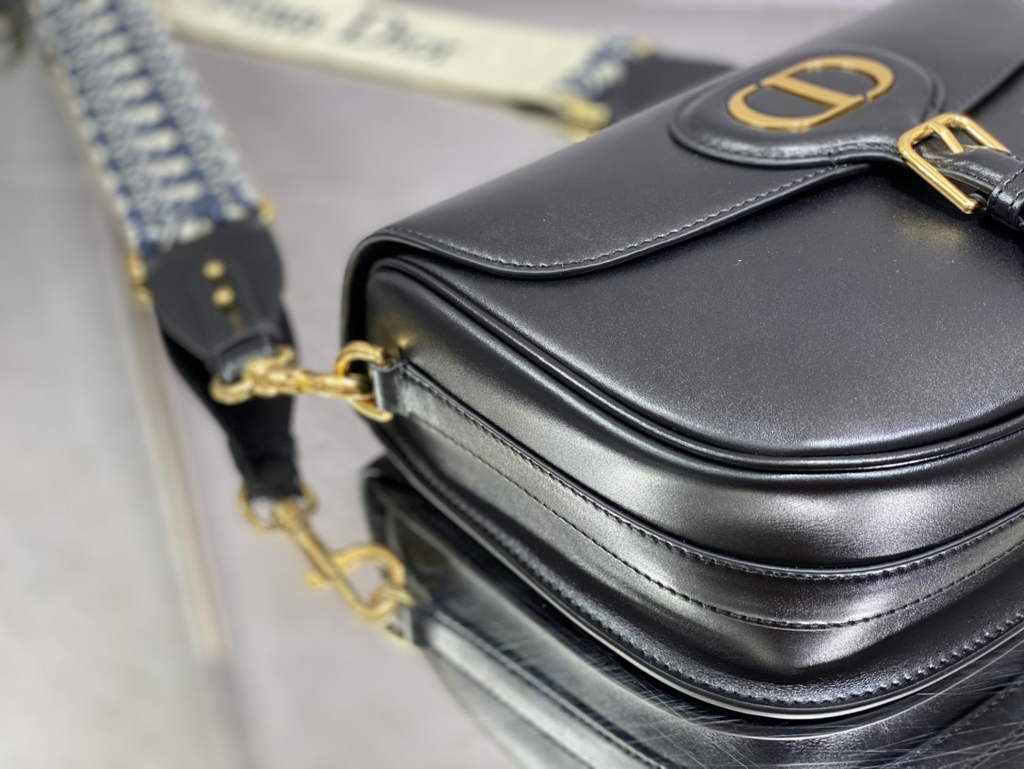 Dior Large Bobby Bag M9320 Black Box Calfskin with Blue Oblique Strap - Default Title - View 6