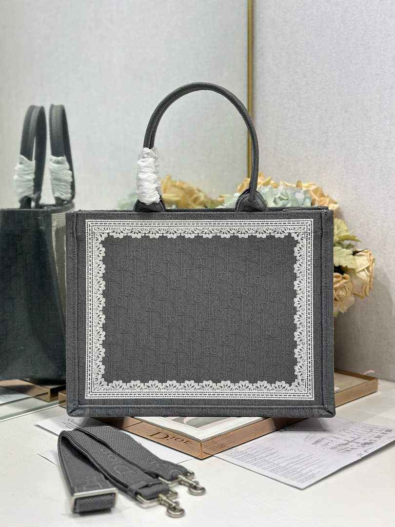 Dior Medium Book Tote with Strap – Black Oblique with White Lace - Default Title - View 4