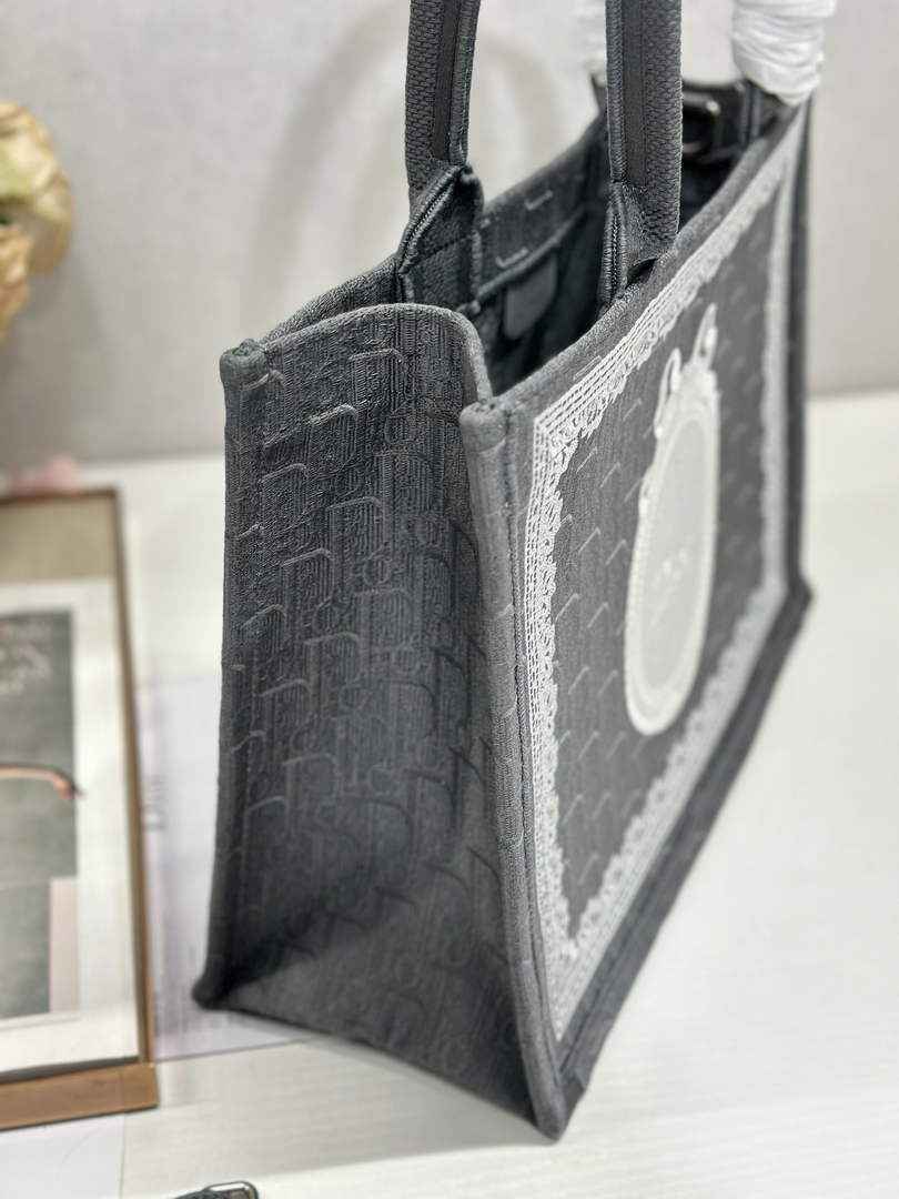 Dior Medium Book Tote with Strap – Black Oblique with White Lace - Default Title - View 5