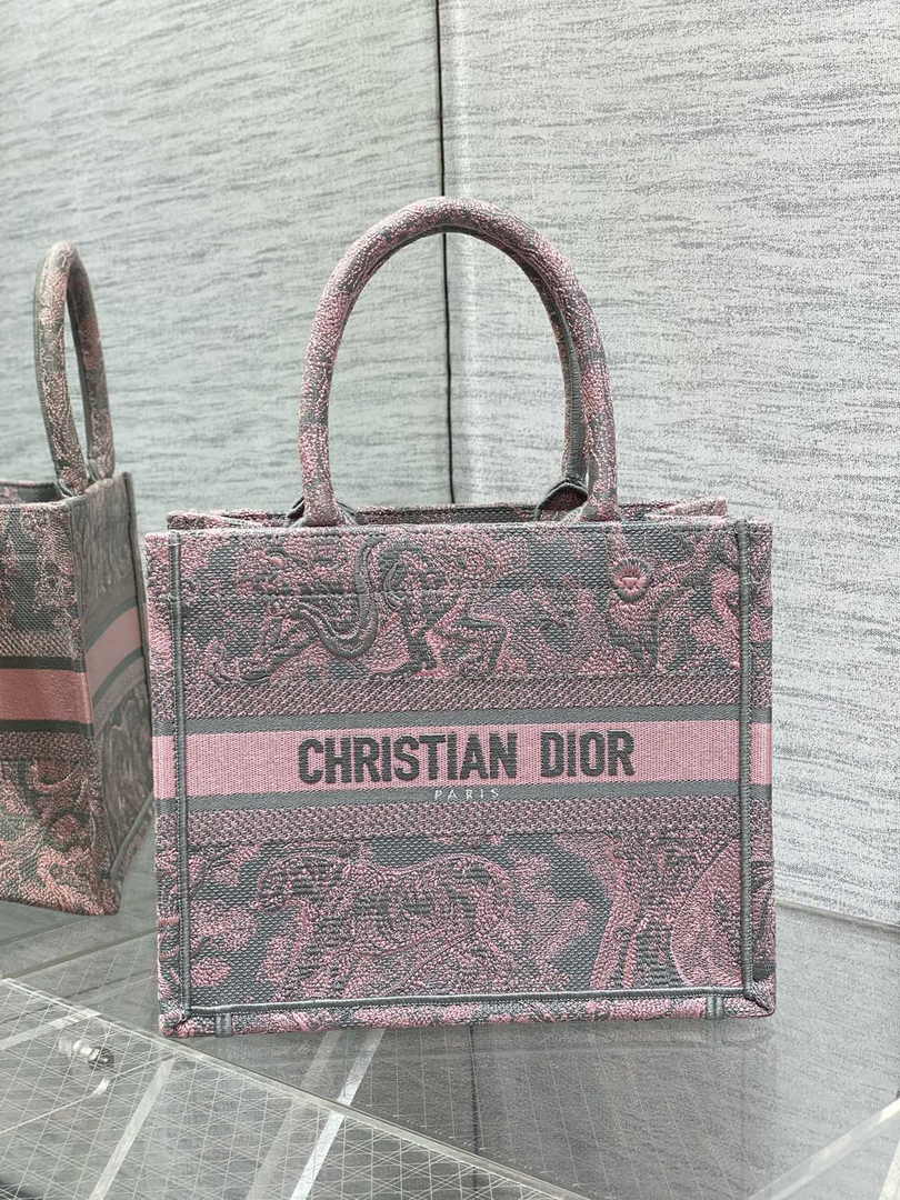Dior Small Book Tote M1265 Pink and Gray Toile de Jouy Embroidery - Default Title - View 1