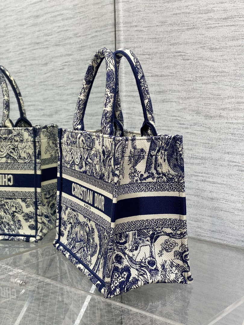 Dior Small Book Tote M1265 Ecru and Blue Toile de Jouy Embroidery - Default Title - View 3