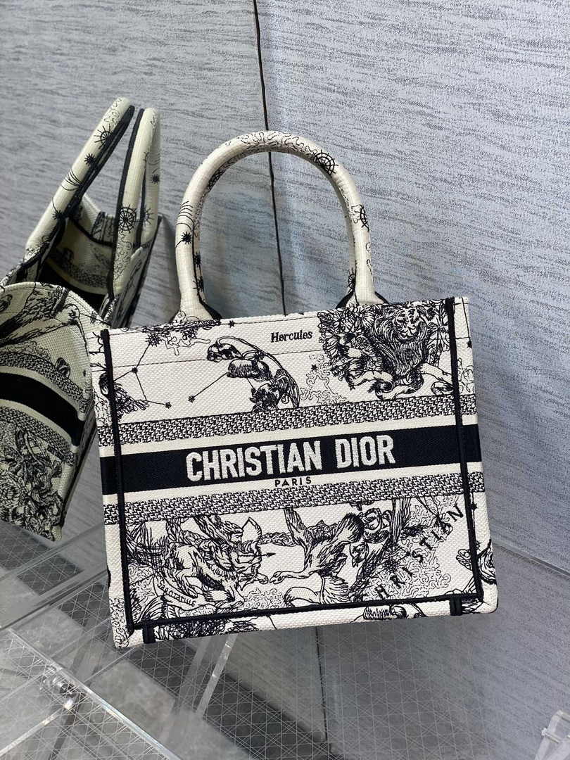 Dior Small Book Tote M1265 Latte and Black Toile de Jouy Zodiac Embroidery - Default Title - View 1