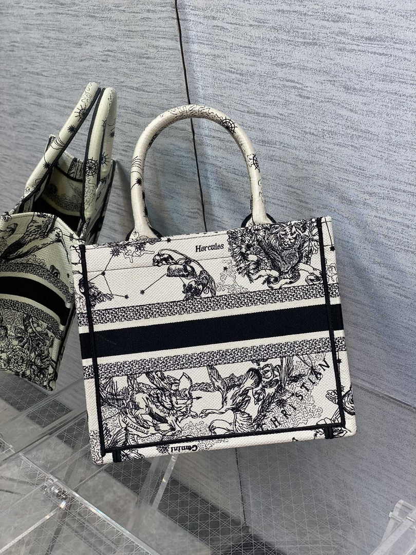 Dior Small Book Tote M1265 Latte and Black Toile de Jouy Zodiac Embroidery - Default Title - View 2