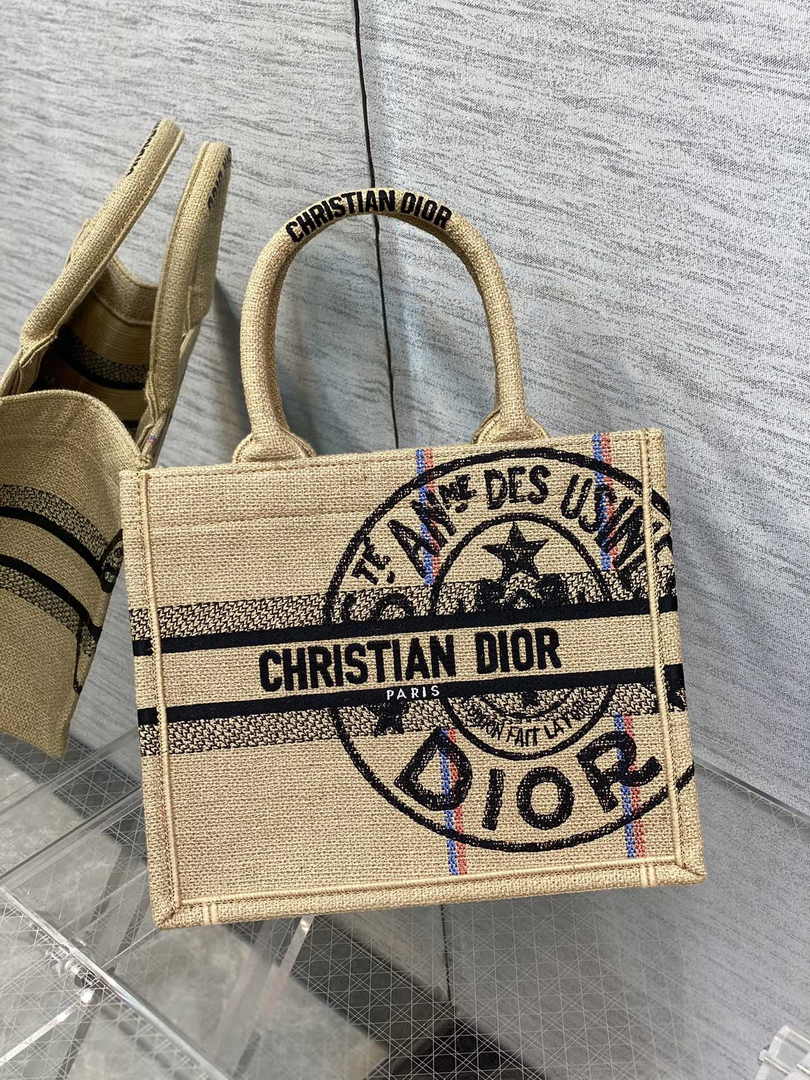 Dior M1265 Small Book Tote Beige jute fabric with Union motif - Default Title - View 1