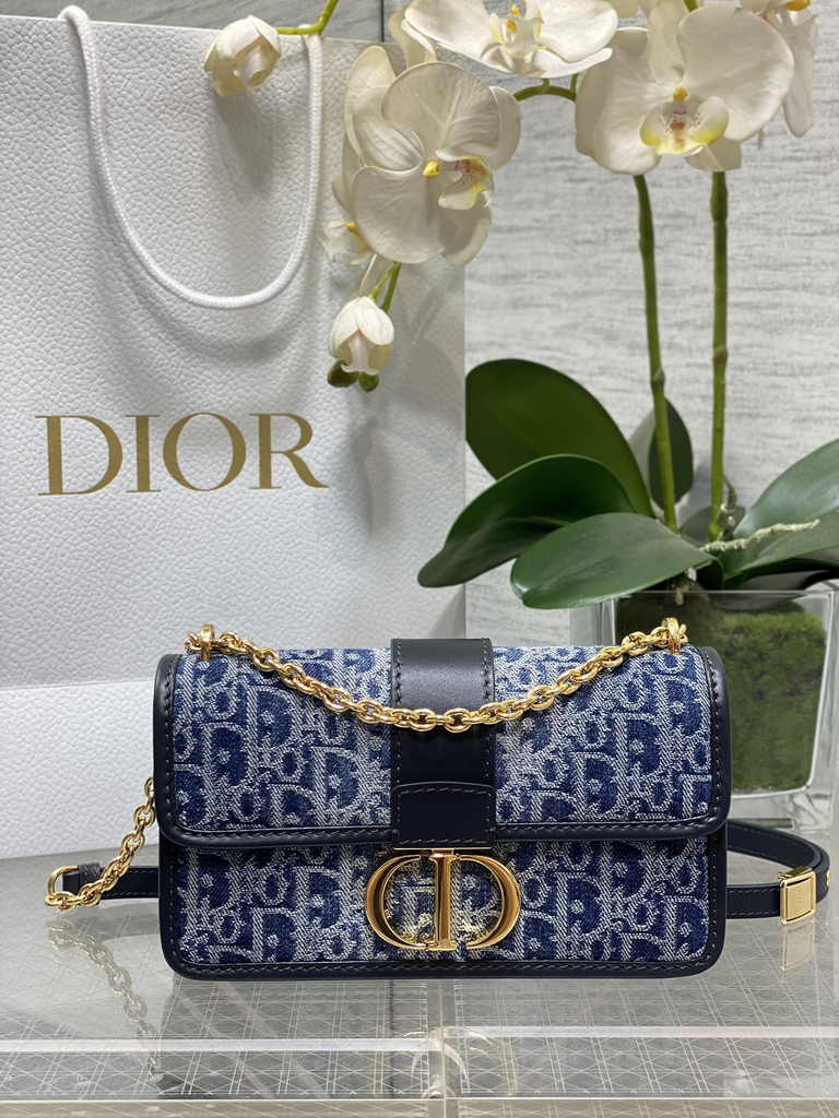 Dior 30 Montaigne East-West Bag with Chain M9334 Blue Denim Dior Oblique Jacquard - Default Title - View 1