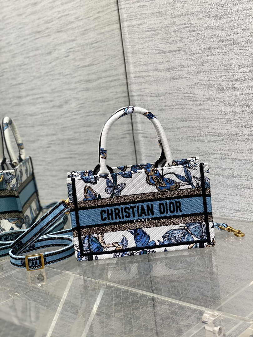 Dior Mini Book Tote with Strap S5573 Blue Butterfly Zodiac Embroidery - Default Title - View 1