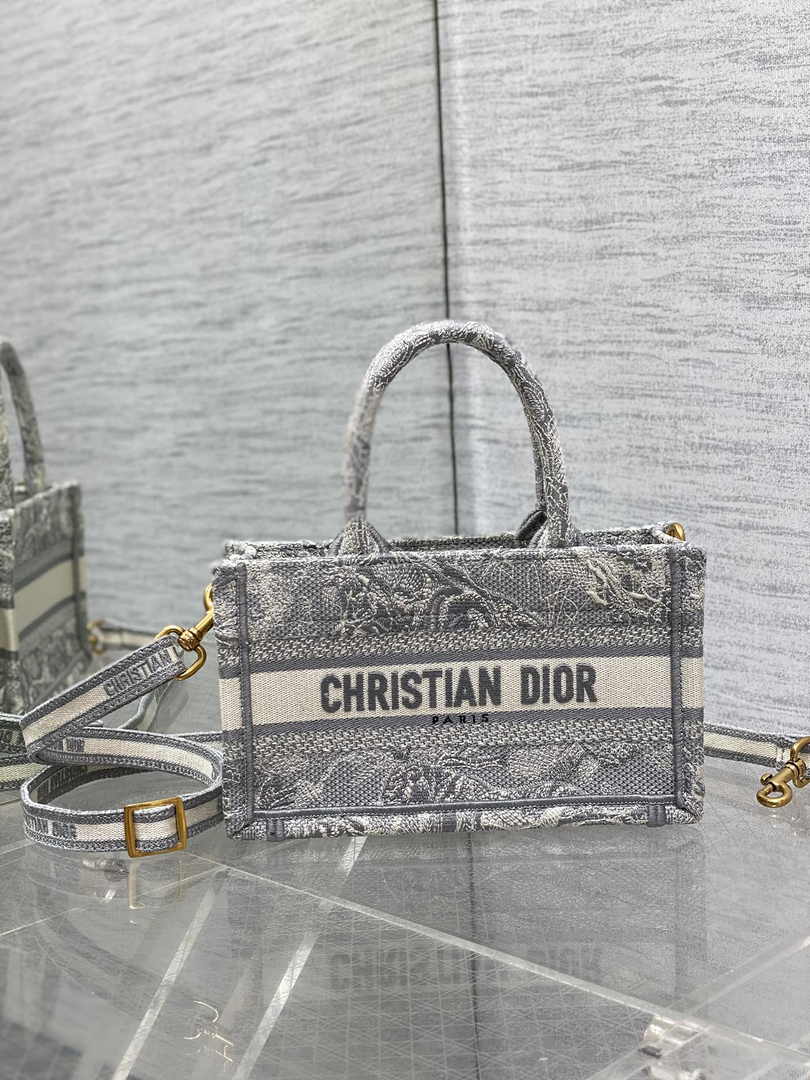 Dior Mini Book Tote with Strap S5573 Gray Toile de Jouy Reverse Embroidery - Default Title - View 1