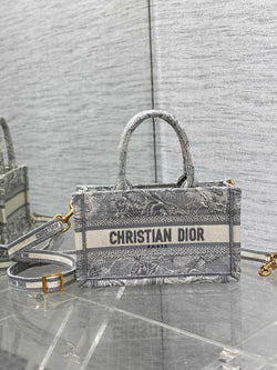 Dior Mini Book Tote with Strap S5573 Gray Toile de Jouy Reverse Embroidery - Default Title - View 1