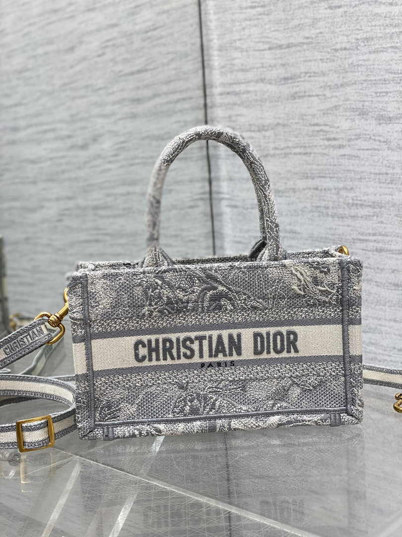 Dior Mini Book Tote with Strap S5573 Gray Toile de Jouy Reverse Embroidery - Default Title - View 3