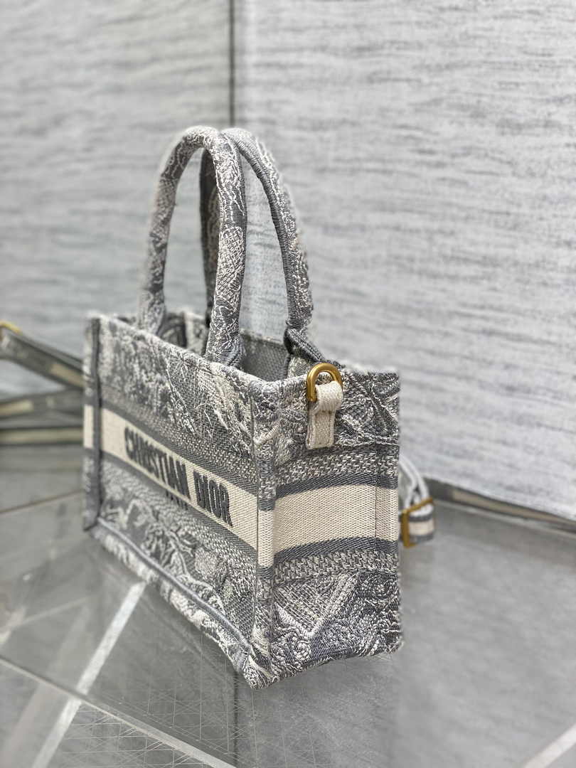 Dior Mini Book Tote with Strap S5573 Gray Toile de Jouy Reverse Embroidery - Default Title - View 4