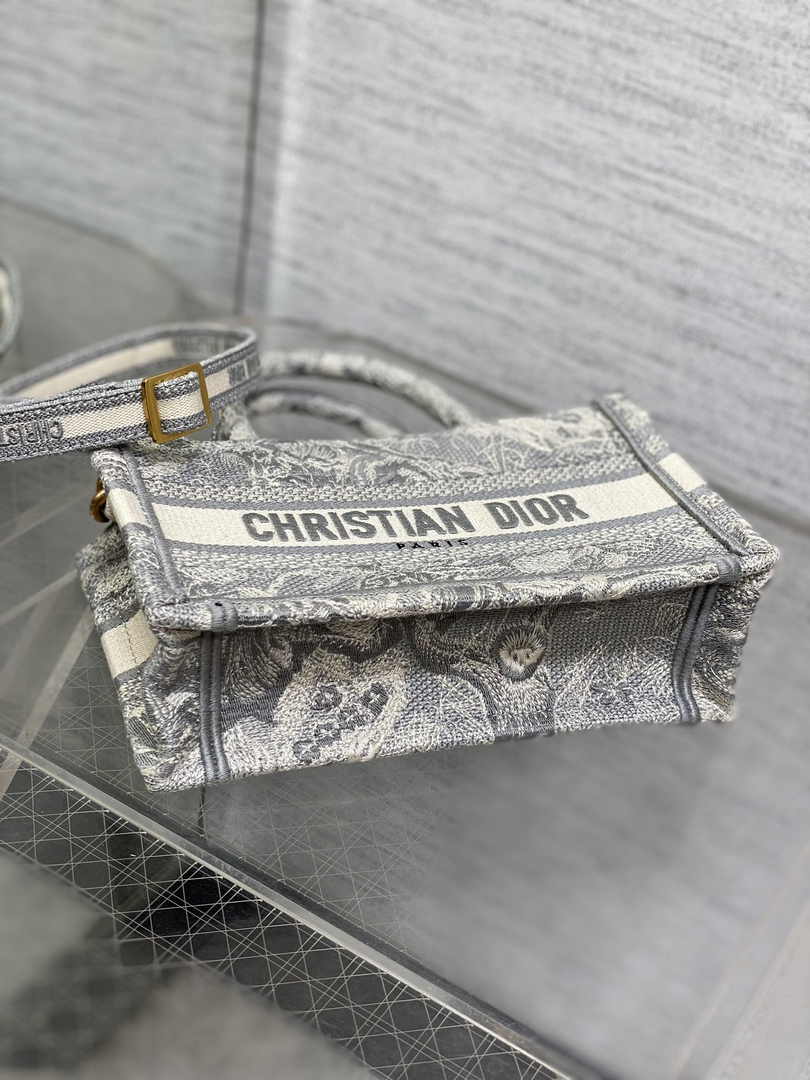 Dior Mini Book Tote with Strap S5573 Gray Toile de Jouy Reverse Embroidery - Default Title - View 7