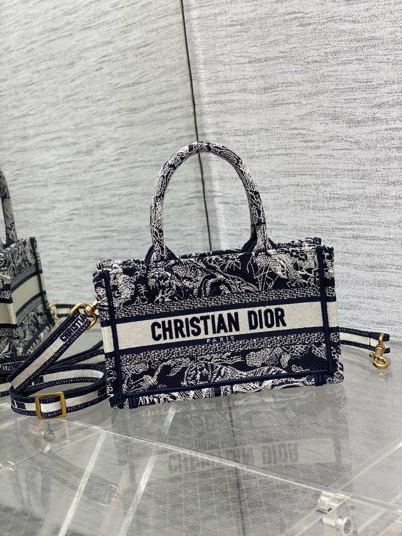 Dior Mini Book Tote with Strap S5573 Blue Toile de Jouy Reverse Embroidery - Default Title - View 1