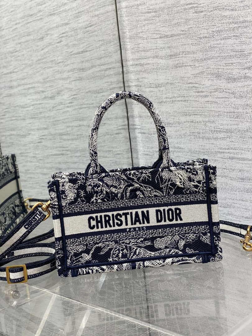 Dior Mini Book Tote with Strap S5573 Blue Toile de Jouy Reverse Embroidery - Default Title - View 3
