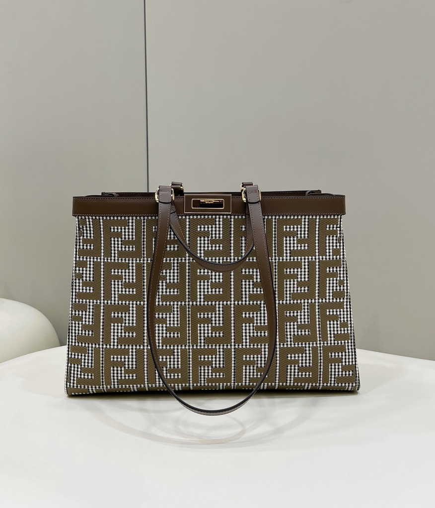 Fendi 8BH374 X-Tote Brown houndstooth wool shopper with FF embroidery