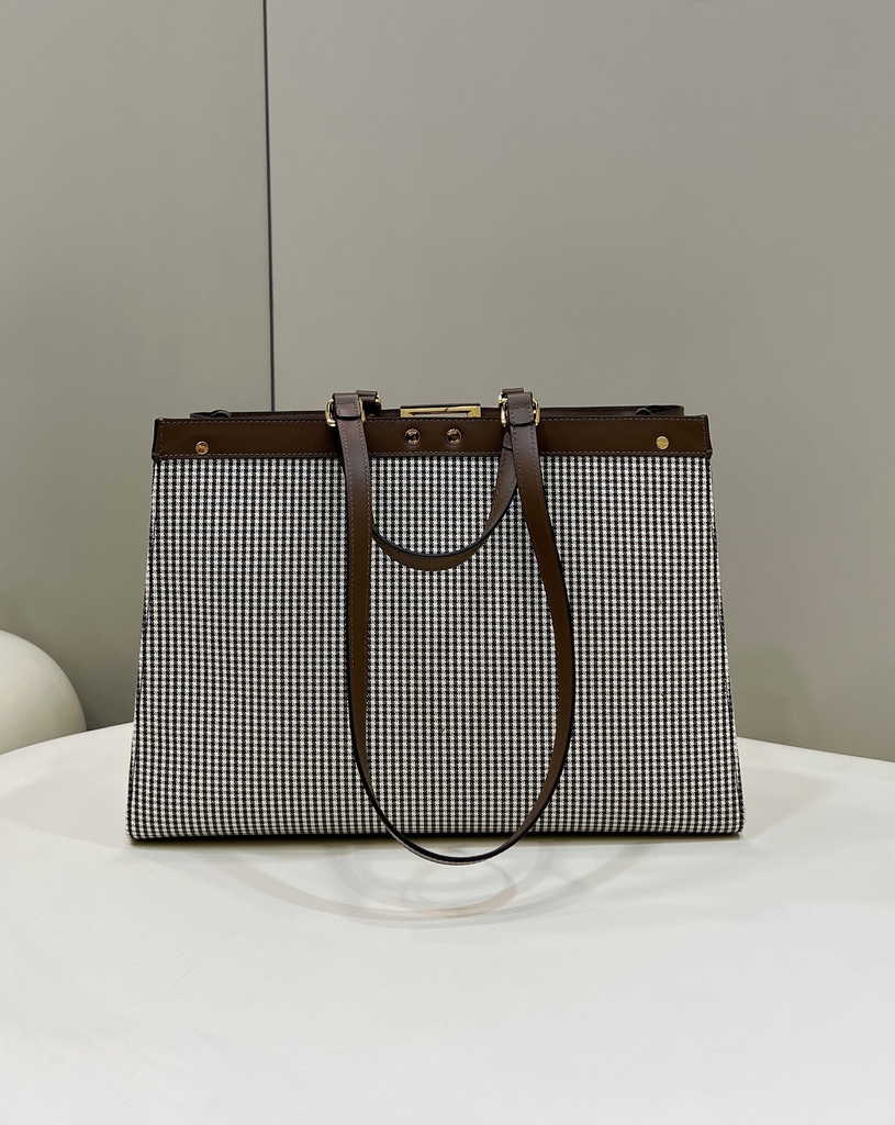 Fendi 8BH374 X-Tote Brown houndstooth wool shopper with FF embroidery