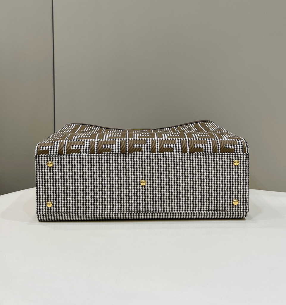 Fendi 8BH374 X-Tote Brown houndstooth wool shopper with FF embroidery
