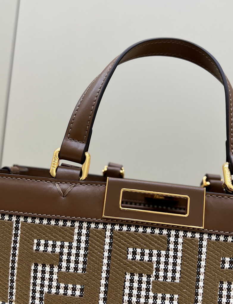 Fendi 8BH374 X-Tote Brown houndstooth wool shopper with FF embroidery