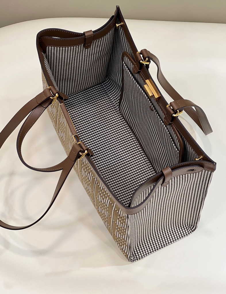 Fendi 8BH374 X-Tote Brown houndstooth wool shopper with FF embroidery