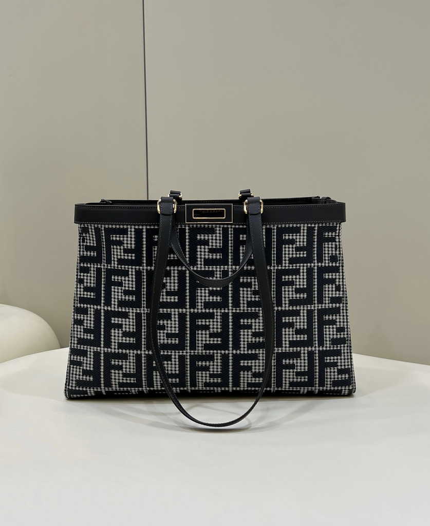 Fendi 8BH374 X-Tote Gray houndstooth wool shopper with FF embroidery