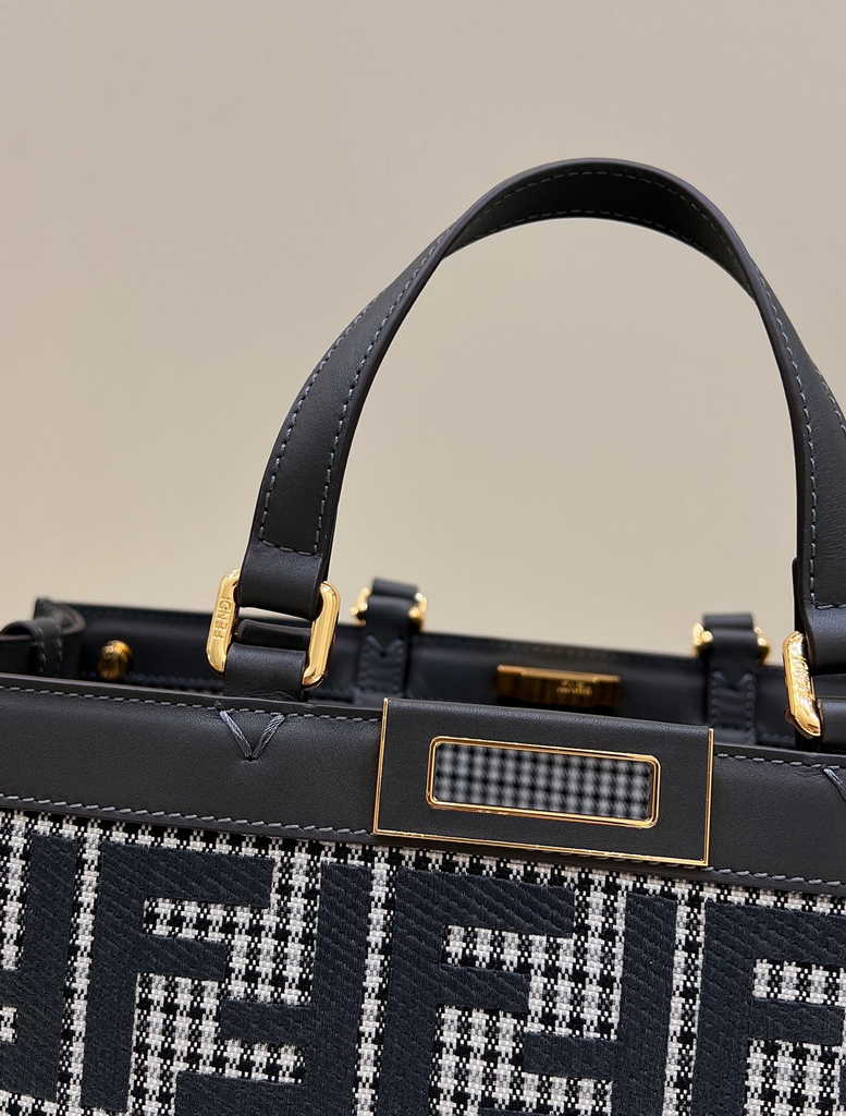 Fendi 8BH374 X-Tote Gray houndstooth wool shopper with FF embroidery