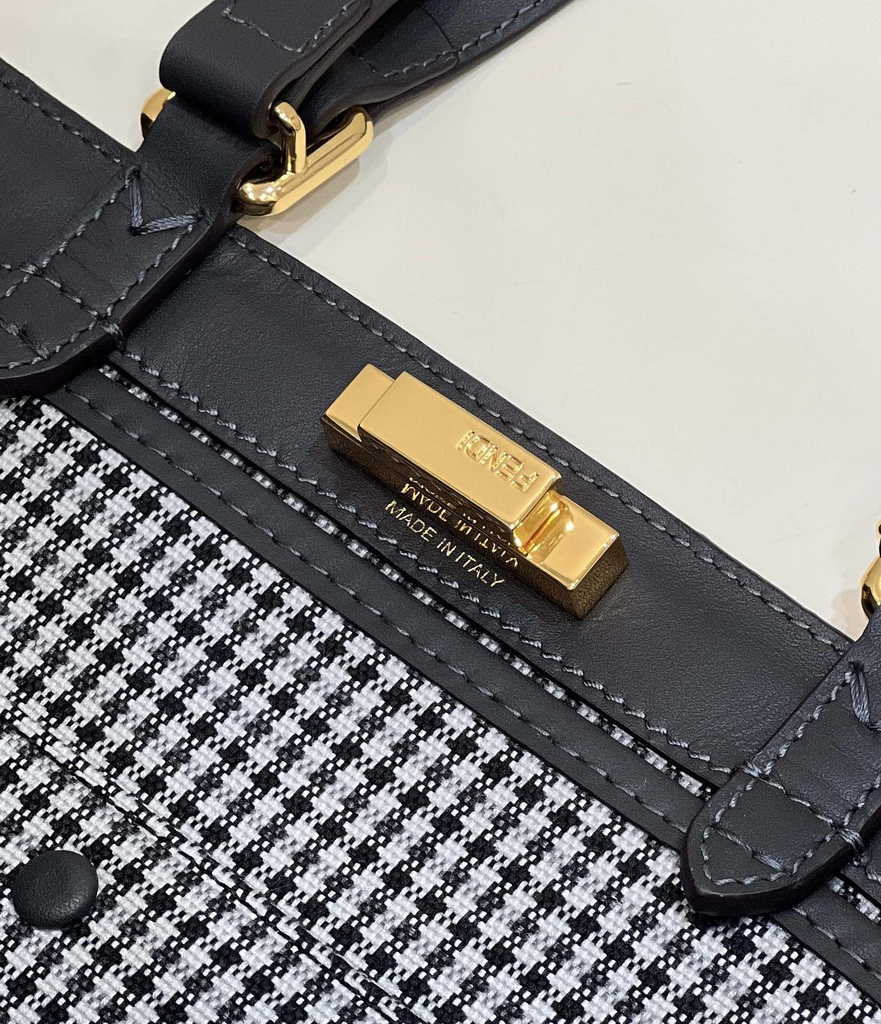 Fendi 8BH374 X-Tote Gray houndstooth wool shopper with FF embroidery