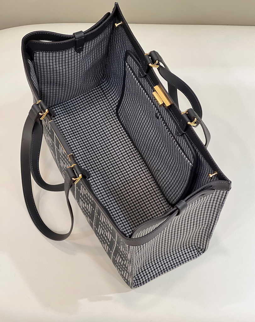Fendi 8BH374 X-Tote Gray houndstooth wool shopper with FF embroidery