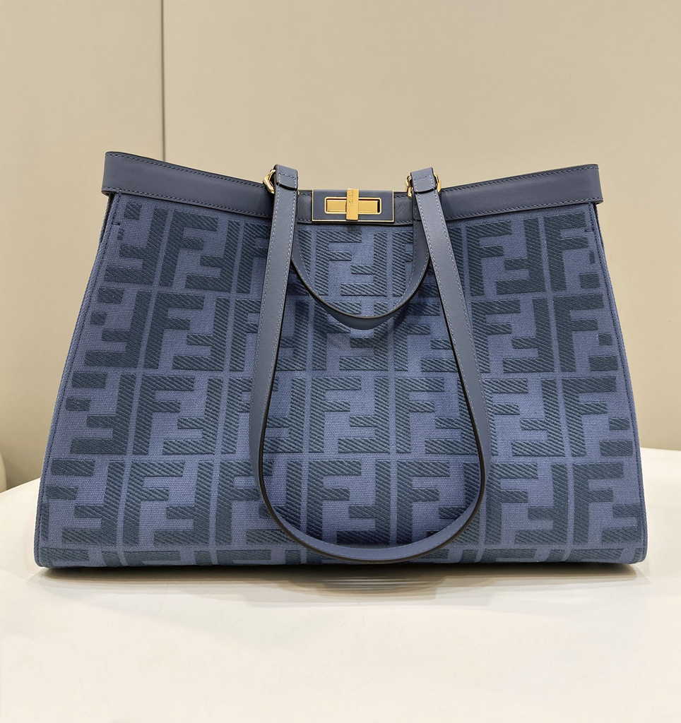Fendi 8BH374 X-Tote Blue canvas shopper with FF embroidery
