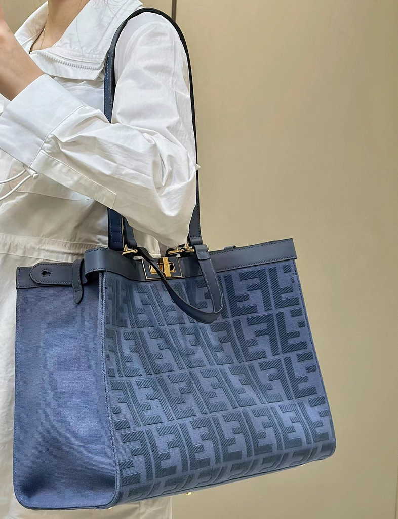 Fendi 8BH374 X-Tote Blue canvas shopper with FF embroidery