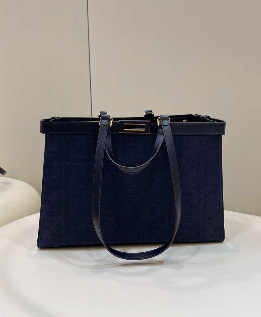 Fendi 8BH374 X-Tote Navy Blue canvas shopper with FF embroidery