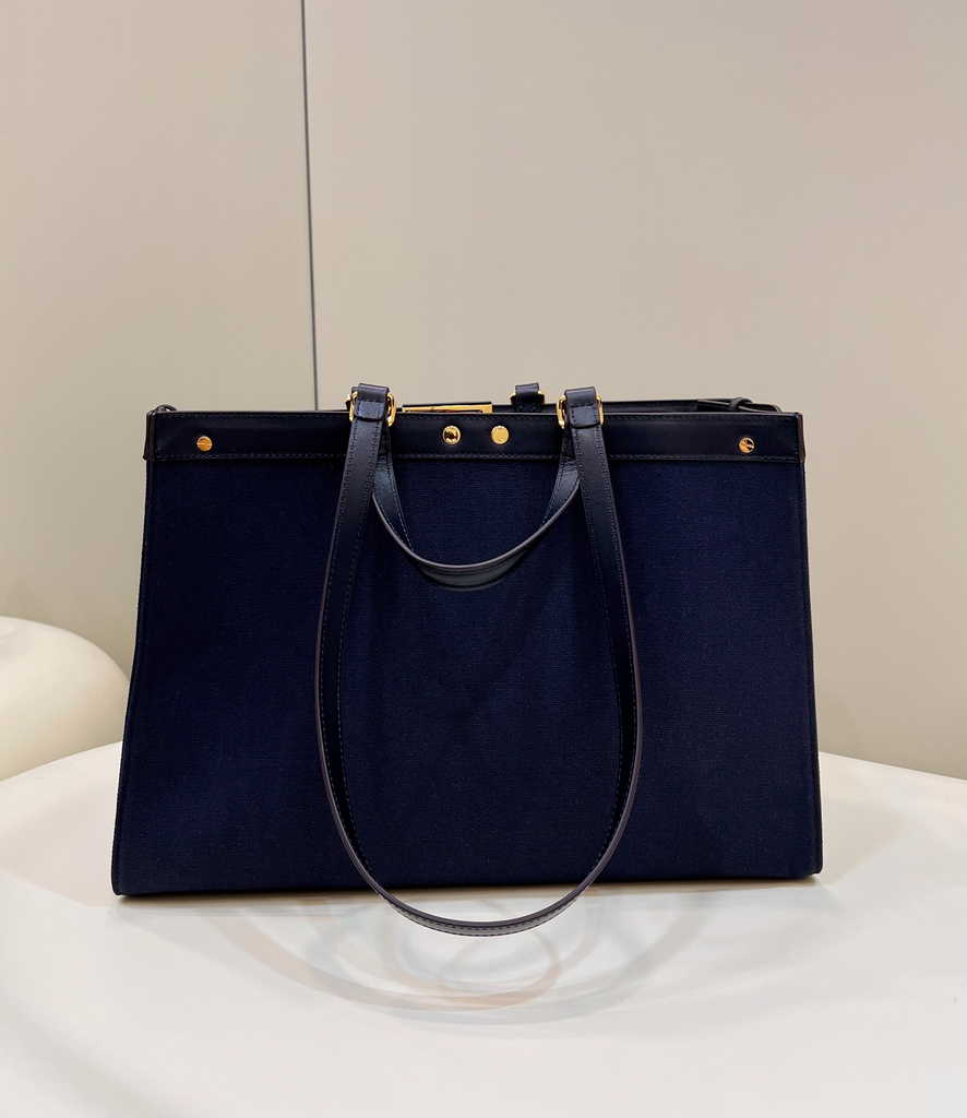 Fendi 8BH374 X-Tote Navy Blue canvas shopper with FF embroidery
