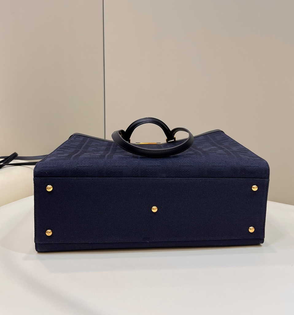 Fendi 8BH374 X-Tote Navy Blue canvas shopper with FF embroidery