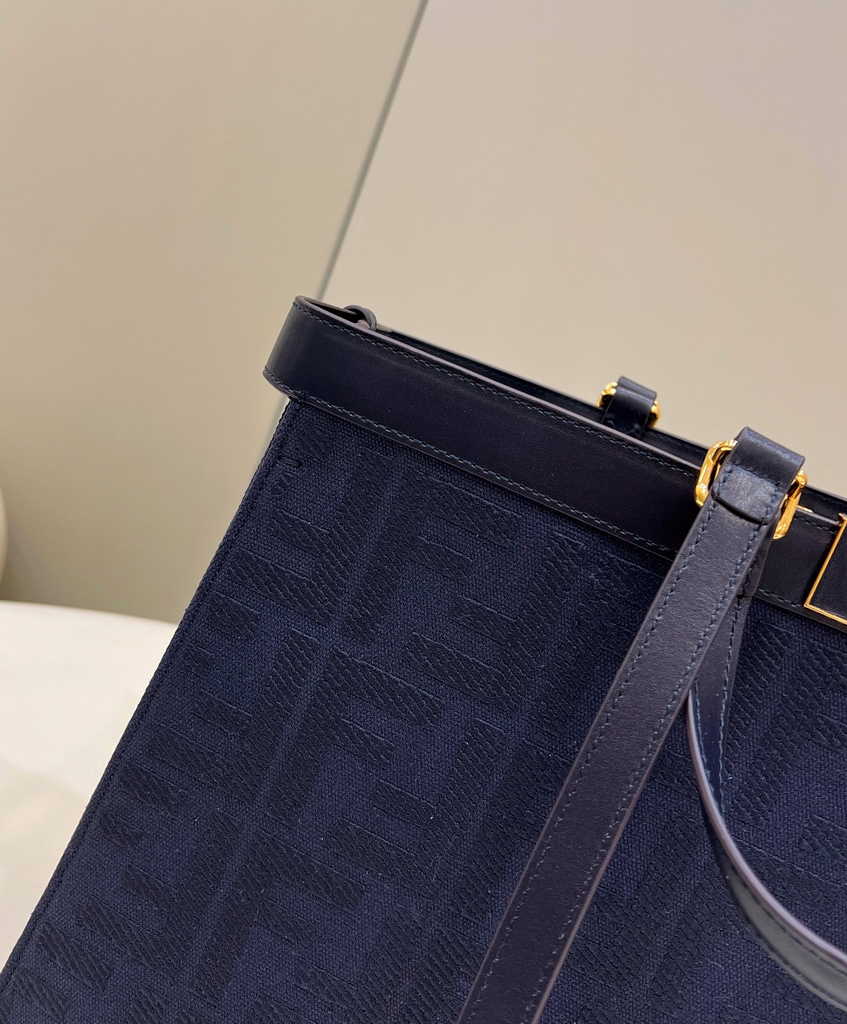 Fendi 8BH374 X-Tote Navy Blue canvas shopper with FF embroidery