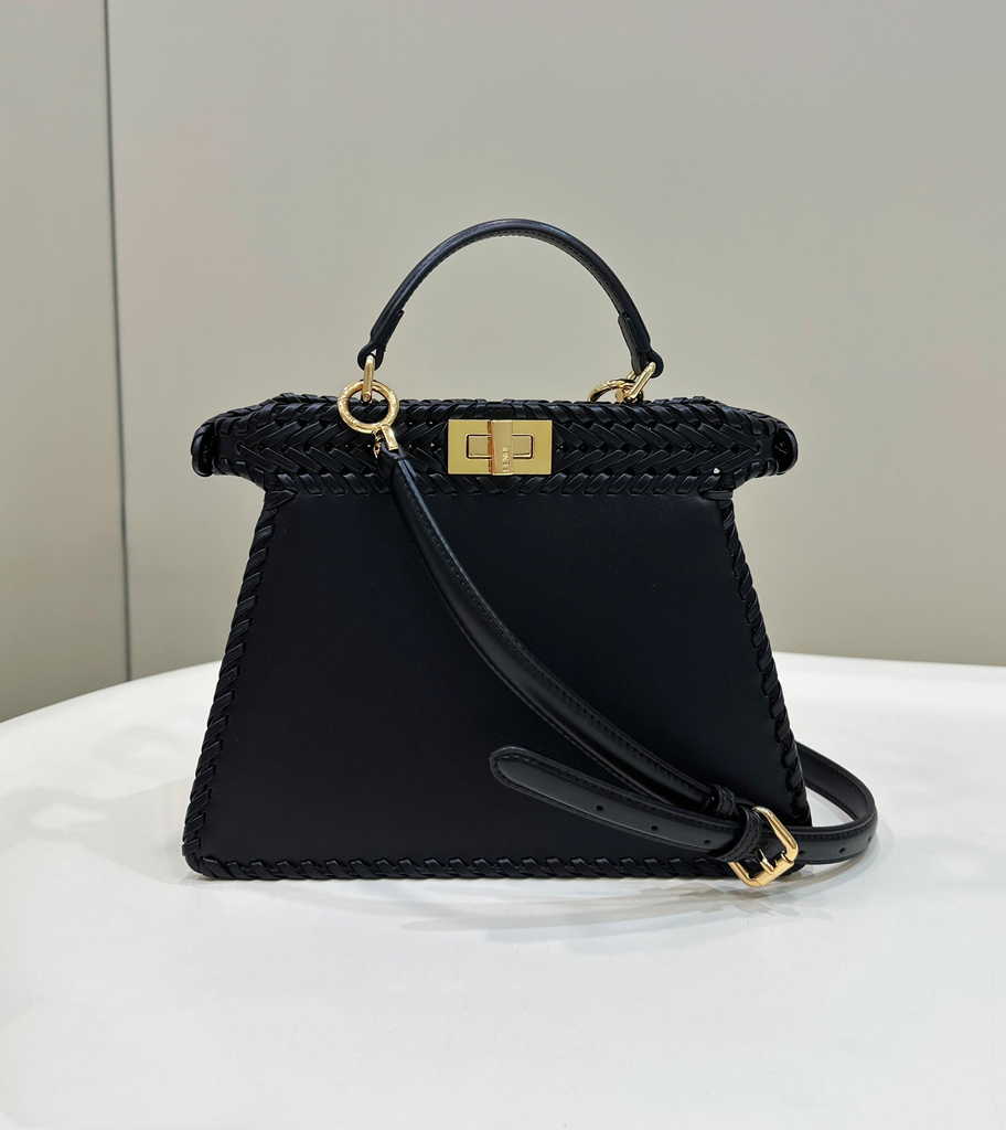 Fendi 8BN327 Peekaboo ISeeU Petite Small Bag Black Camellia leather