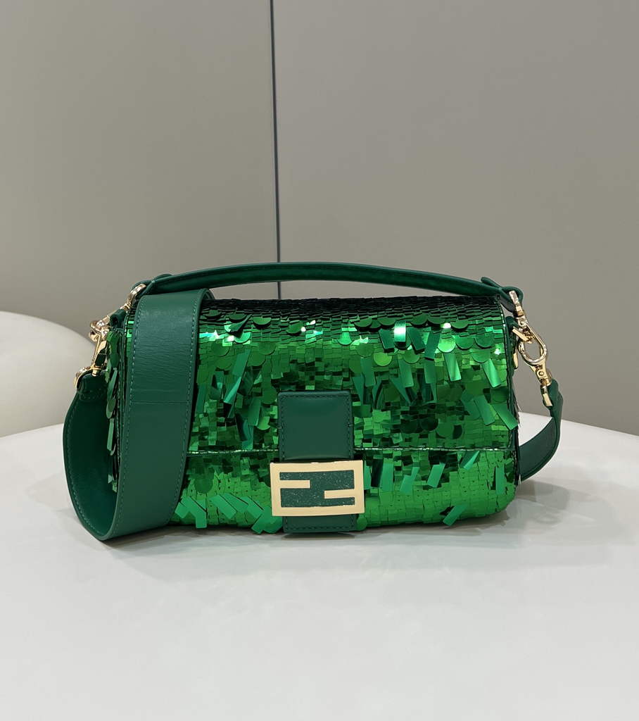 Fendi 8BR600 Baguette Acid green sequin and leather bag