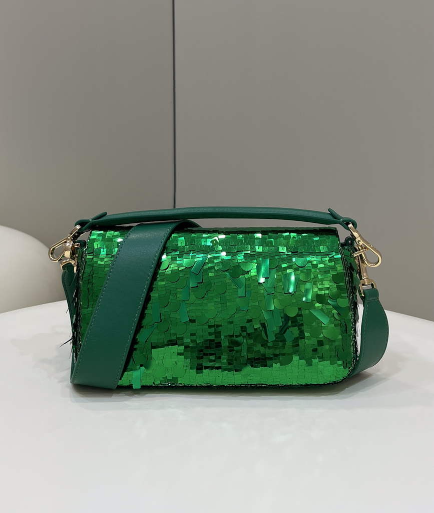 Fendi 8BR600 Baguette Acid green sequin and leather bag