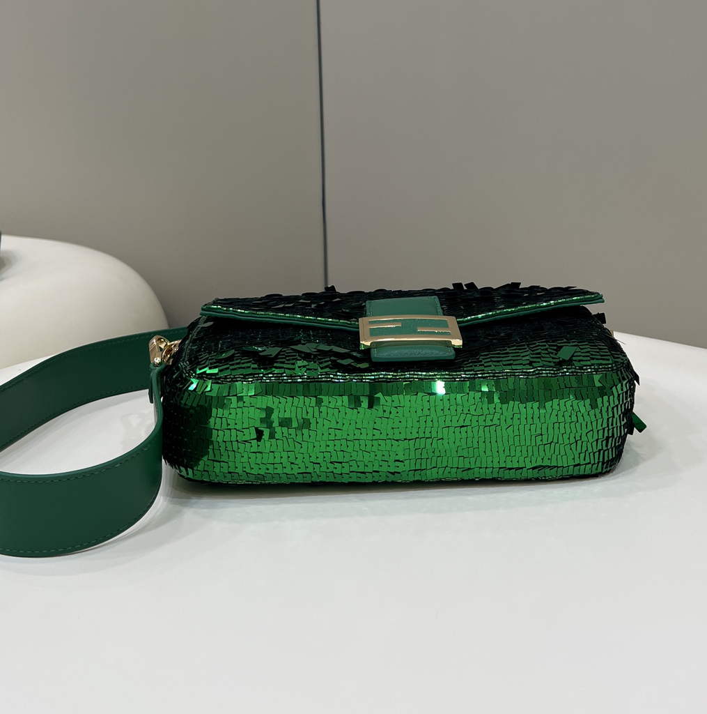 Fendi 8BR600 Baguette Acid green sequin and leather bag