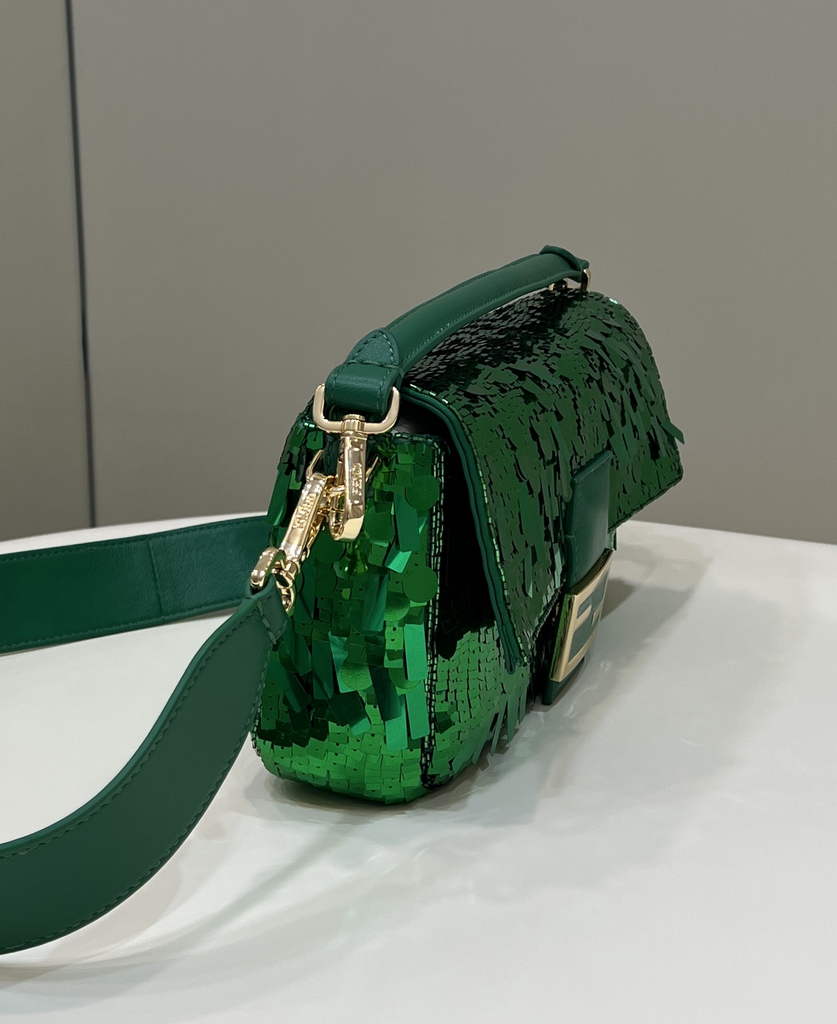 Fendi 8BR600 Baguette Acid green sequin and leather bag