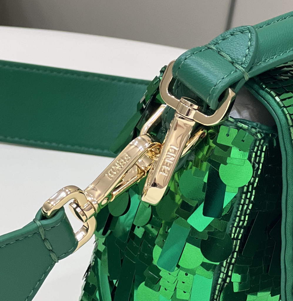 Fendi 8BR600 Baguette Acid green sequin and leather bag