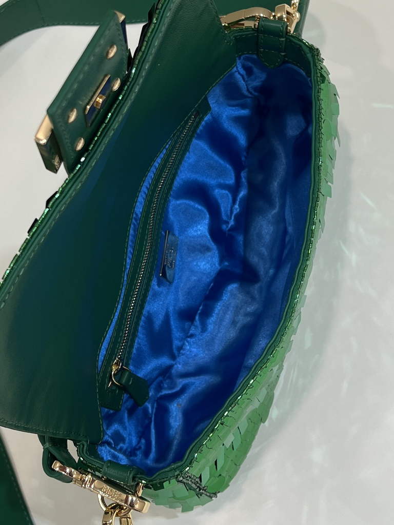 Fendi 8BR600 Baguette Acid green sequin and leather bag