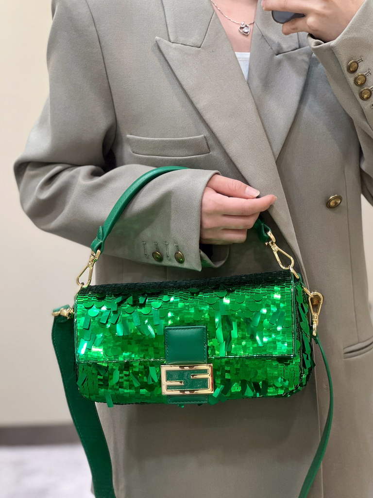 Fendi 8BR600 Baguette Acid green sequin and leather bag