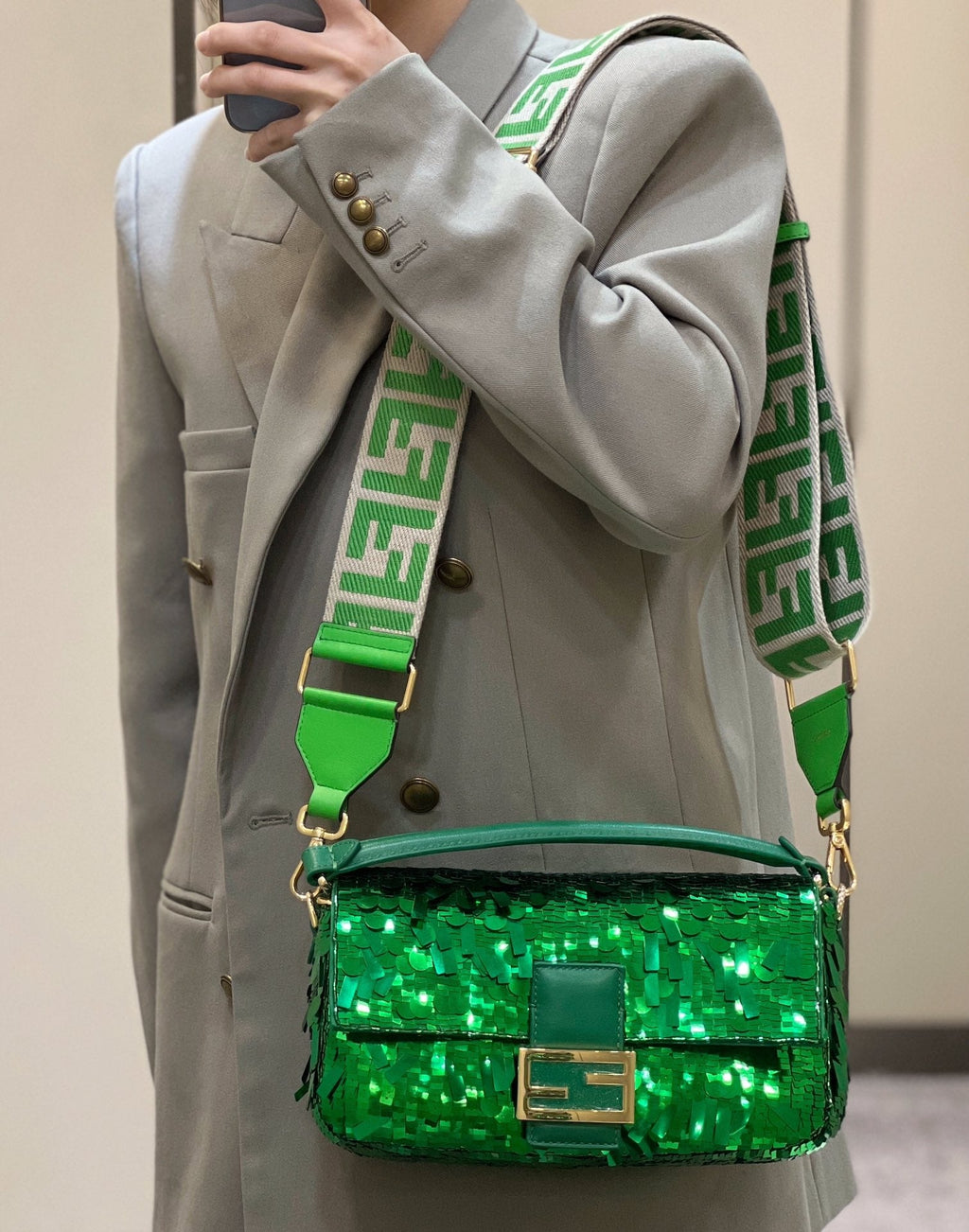 Fendi 8BR600 Baguette Acid green sequin and leather bag