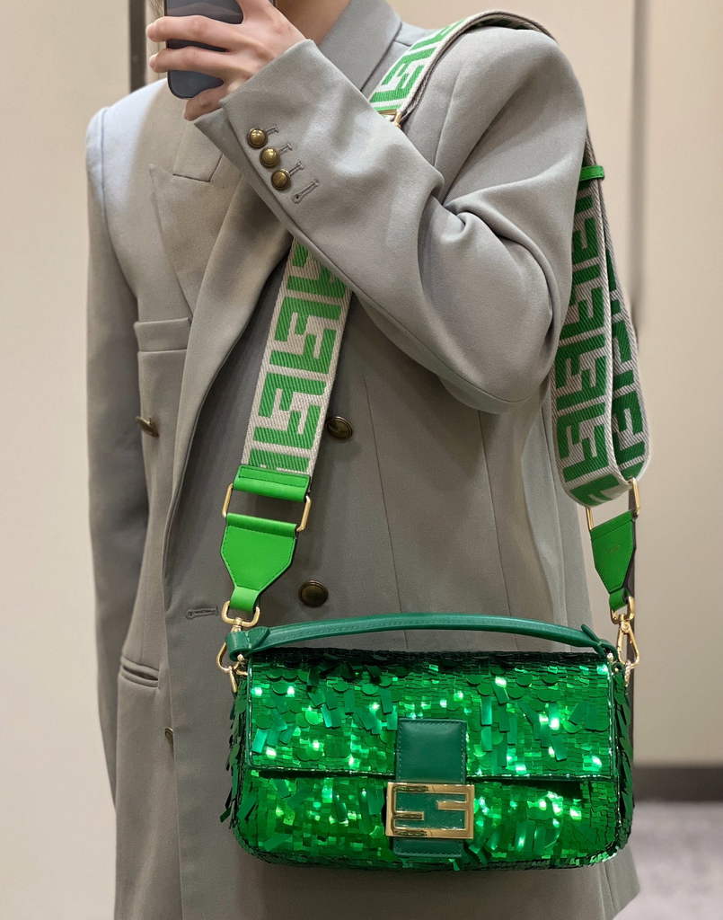 Fendi 8BR600 Baguette Acid green sequin and leather bag
