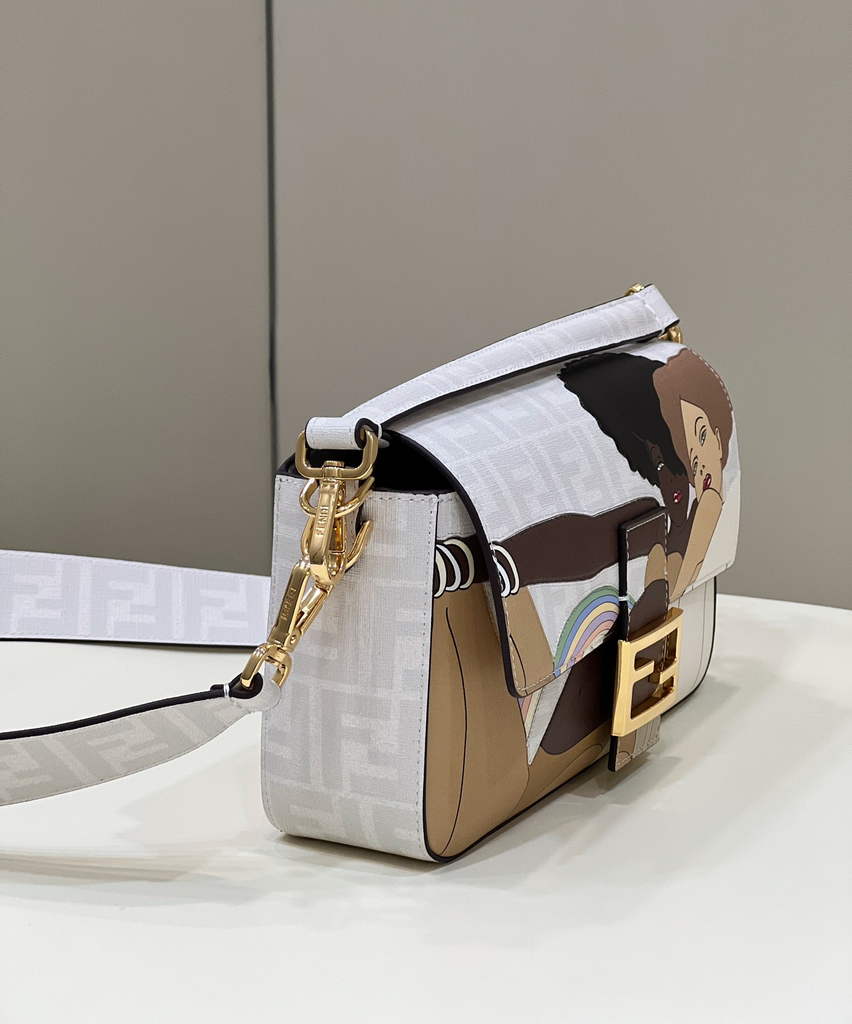 Fendi 8BR600 Baguette FF glazed fabric bag with inlay white