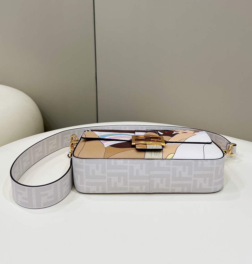 Fendi 8BR600 Baguette FF glazed fabric bag with inlay white
