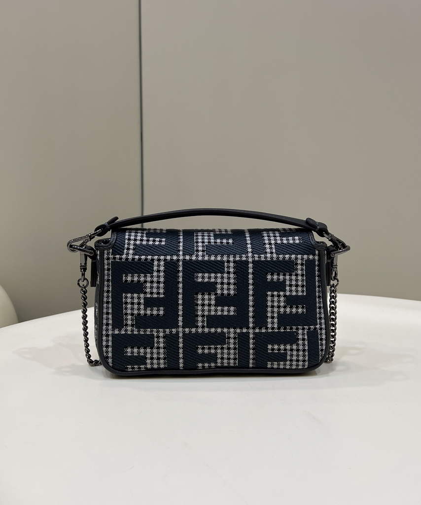 Fendi 8BS017 Baguette Mini Gray houndstooth wool bag with FF embroidery