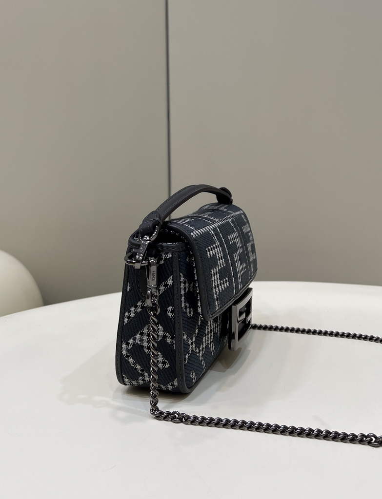Fendi 8BS017 Baguette Mini Gray houndstooth wool bag with FF embroidery