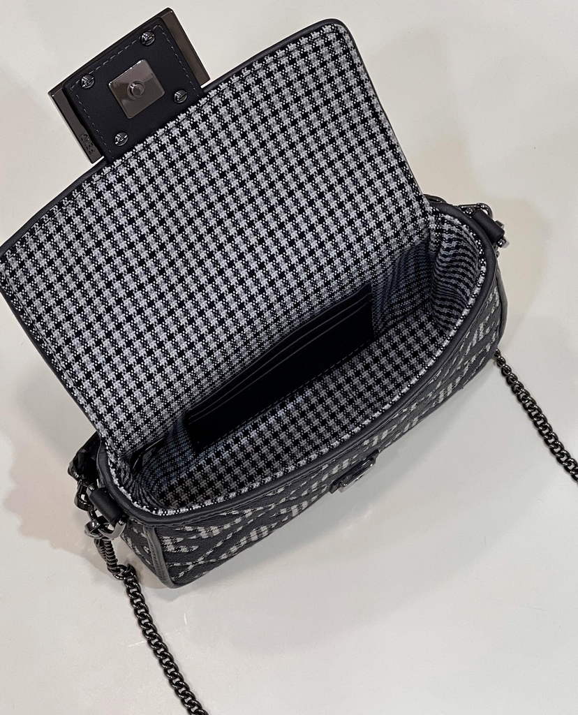 Fendi 8BS017 Baguette Mini Gray houndstooth wool bag with FF embroidery